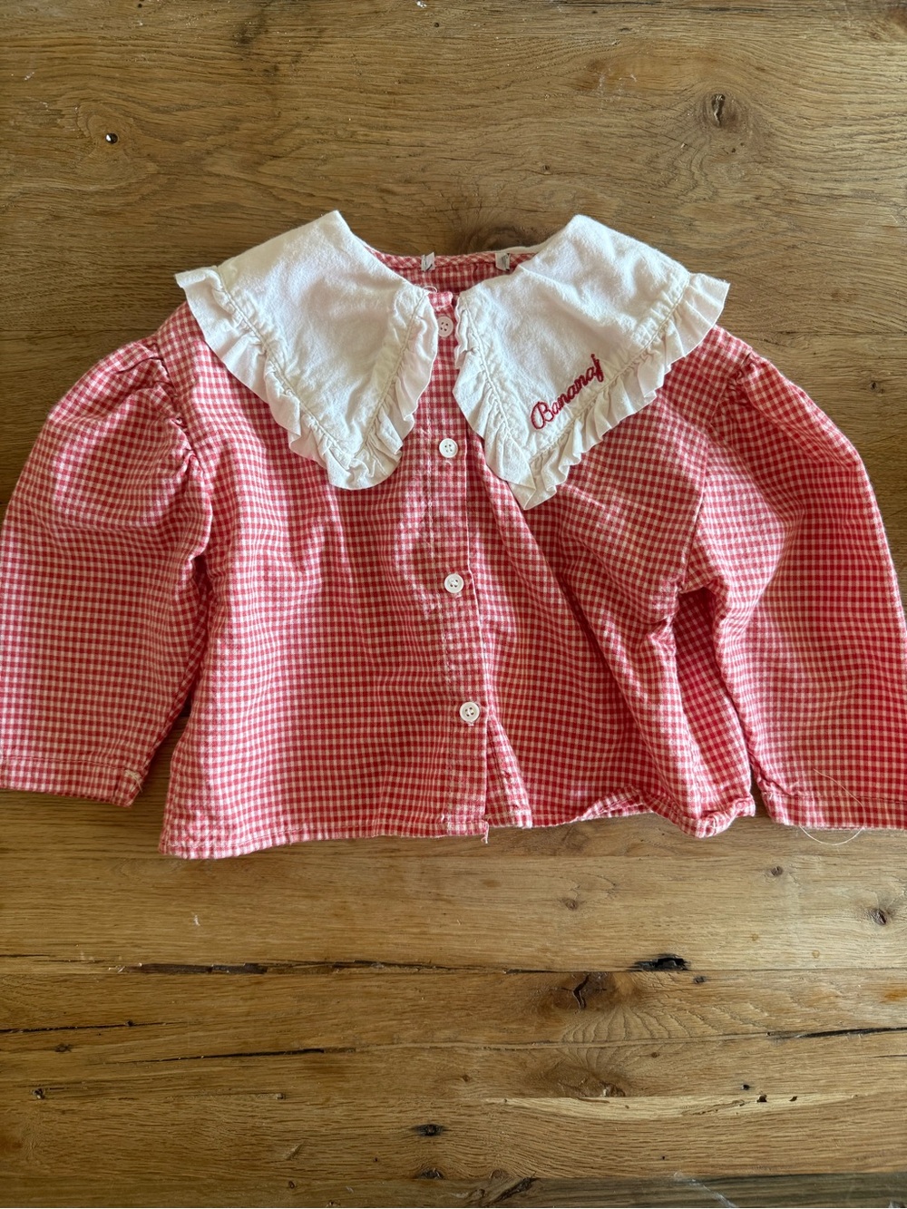 Vintage Inspired Red Gingham Button-Up Top with White Ruffled Collar
